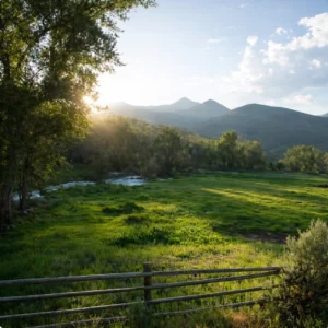 Sunny grassy field with a wooden fence, trees, river, and mountains in the background.