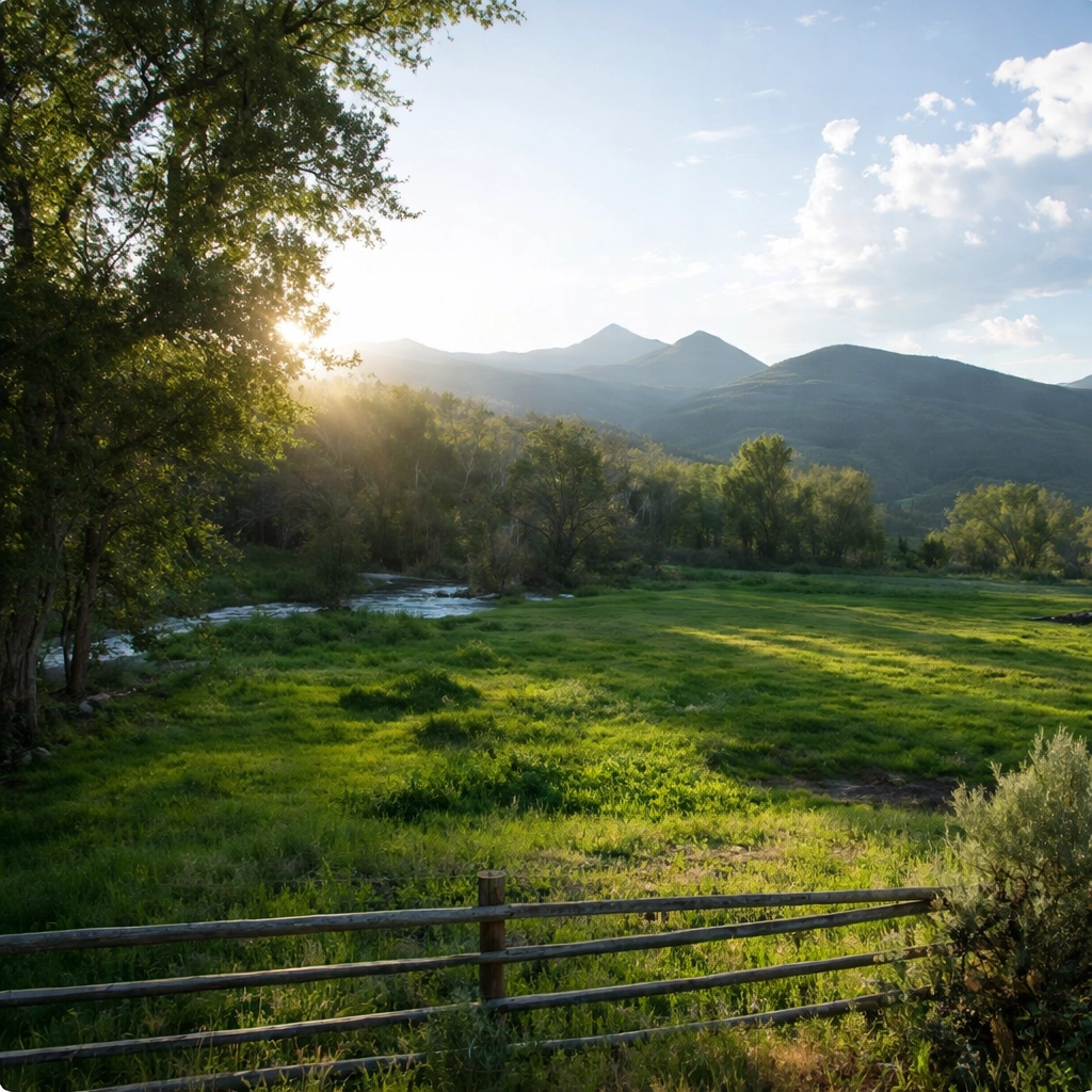 Sunny grassy field with a wooden fence, trees, river, and mountains in the background.