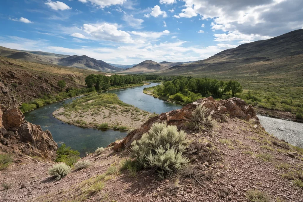River winding through a valley with rocky hills and green trees under a partly cloudy sky.