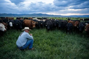 Man in cowboy hat crouching in field surrounded by cattle, with mountains and cloudy sky in background.