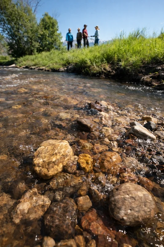 Rocky stream with clear water, grassy bank, four people standing in the background under blue sky.