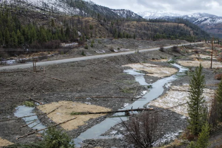 Creek flows through rocky terrain, surrounded by sparse trees and snow-dusted hills under cloudy sky.