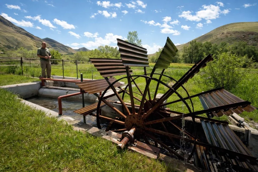 Person standing near a water wheel in a grassy landscape with hills and a blue sky.