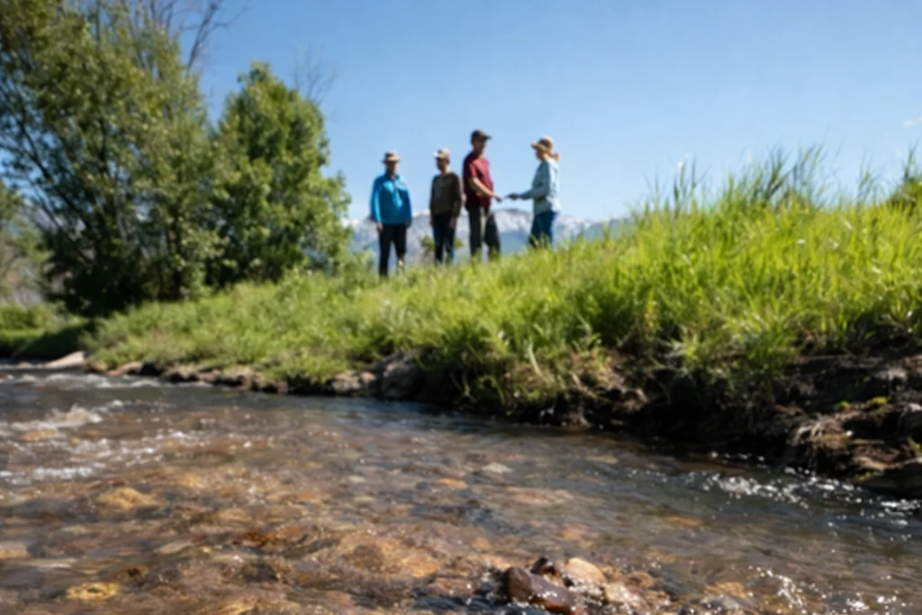 Four people standing on grassy riverbank under clear blue sky.