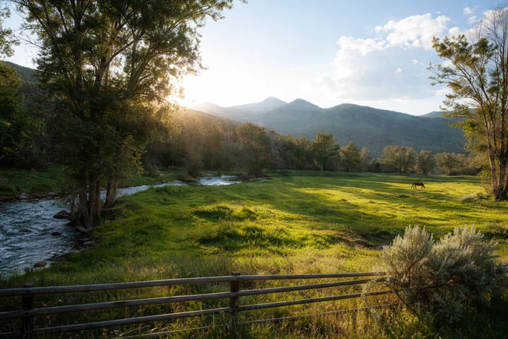 Stream and horse in sunlit meadow with mountains and trees in the background.