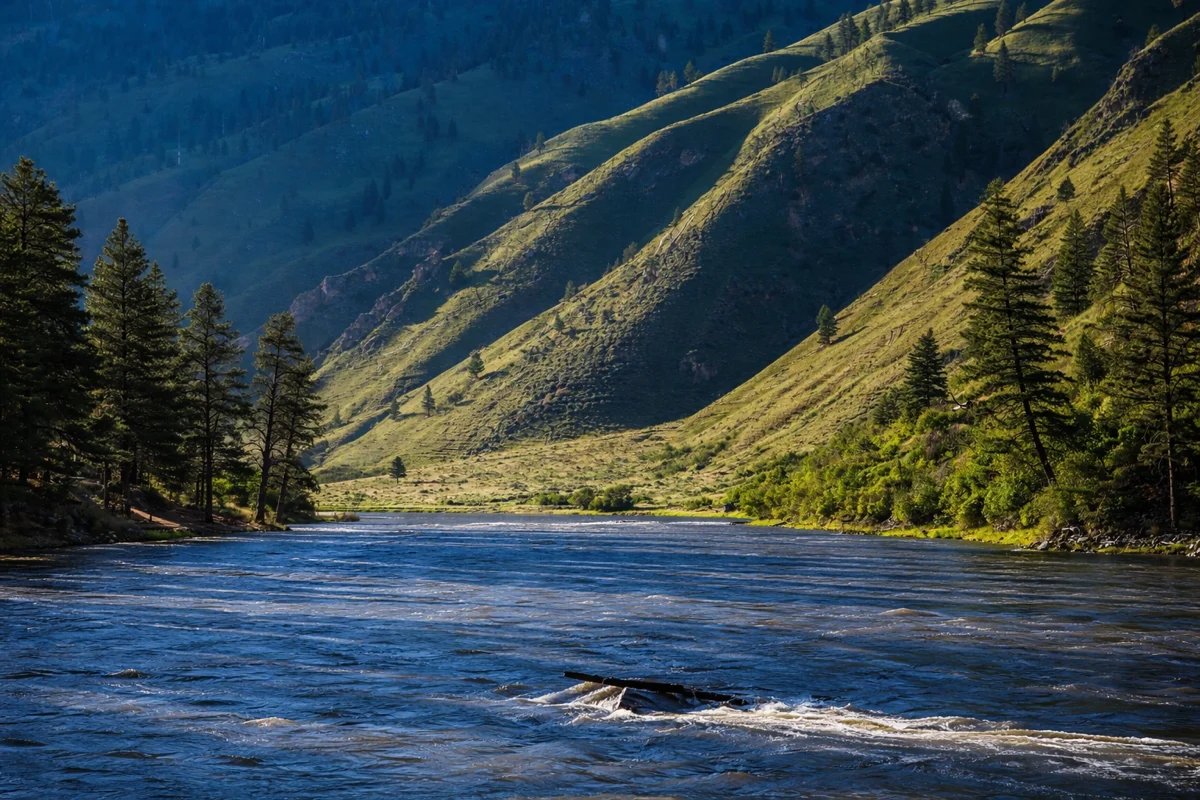 Flowing river with surrounding pine trees and green mountains in sunlight.